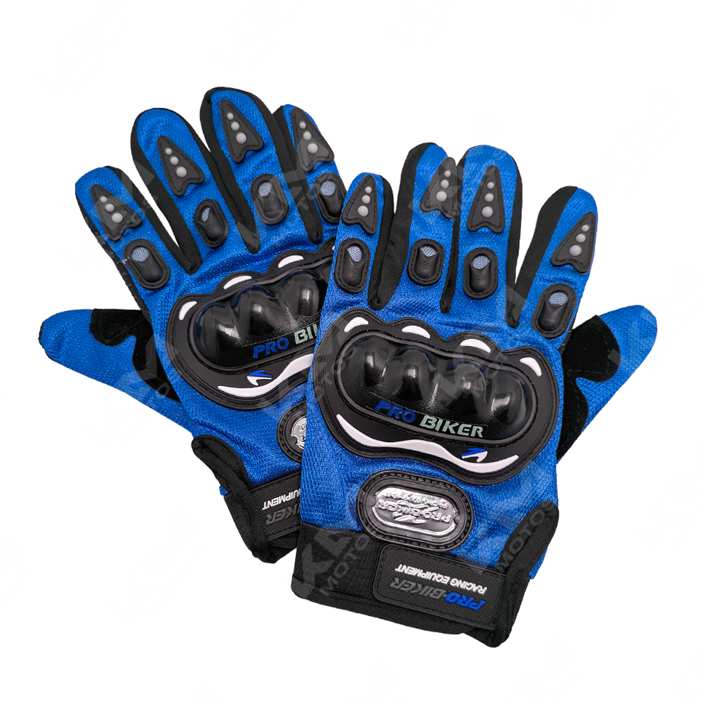 Guantes largos de protección azul de KM Motos, con detalles resistentes y diseño ergonómico para motociclistas.