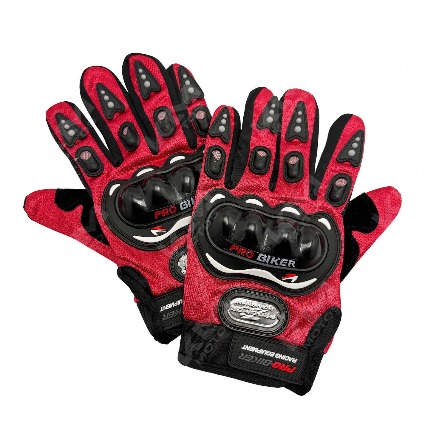 Guantes largos de protección en color rojo de la marca KM Motos, ideales para seguridad y comodidad en motociclismo