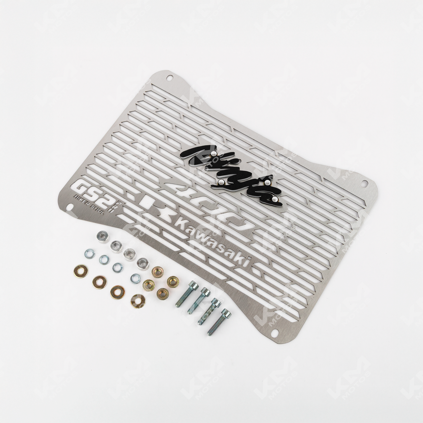 Protector de radiador para Kawasaki Ninja 400 de KM Motos, protección metálica resistente y diseño compatible con motocicleta.