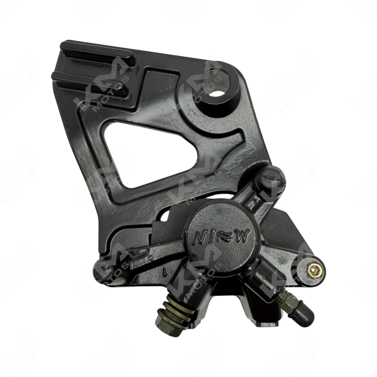 Caliper trasero RTR180 Apache de KM Motos, mostrando detalles del componente de freno en color negro.