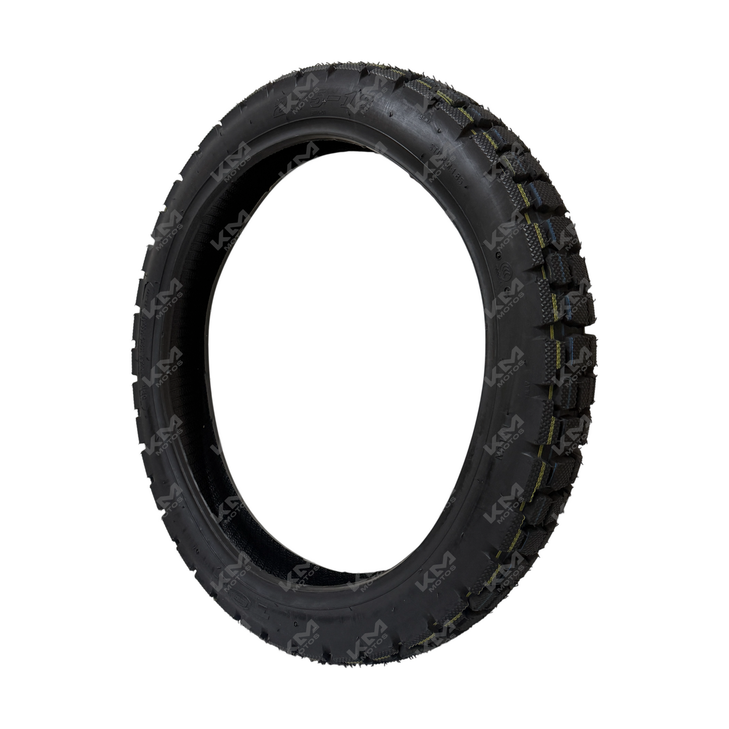 Llanta delantera doble propósito 2.75-18 de la marca KM Motos, con banda de rodadura y estructura visible.