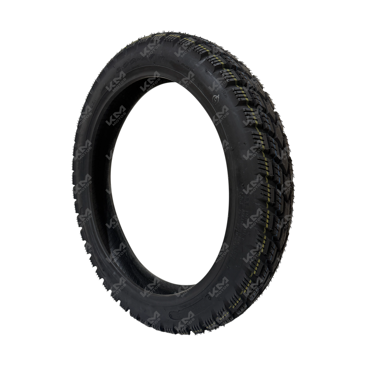 Llanta delantera doble propósito KM Motos 3.00-17, neumático resistente para motocicletas y uso mixto.
