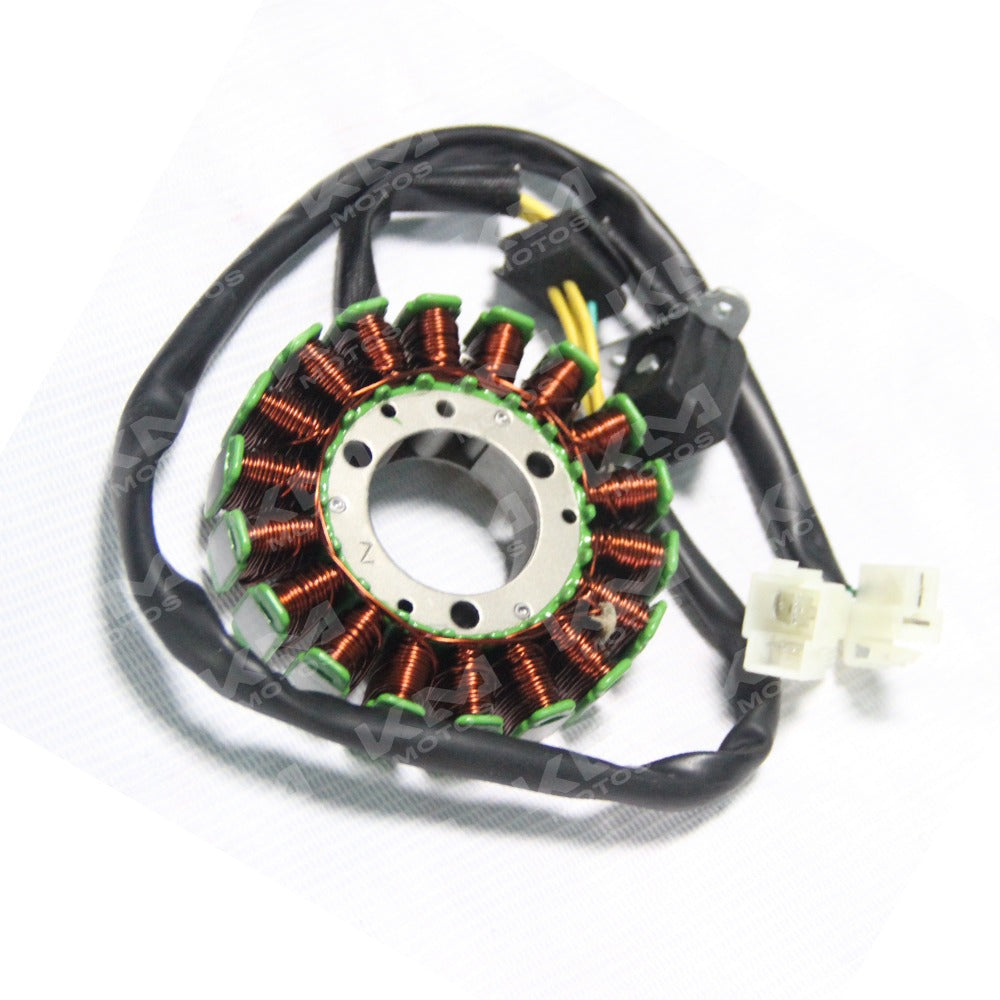Bobina de magneto Original para GXT200/KMF200, vista de la bobina de magneto con componentes metálicos y etiquetas.