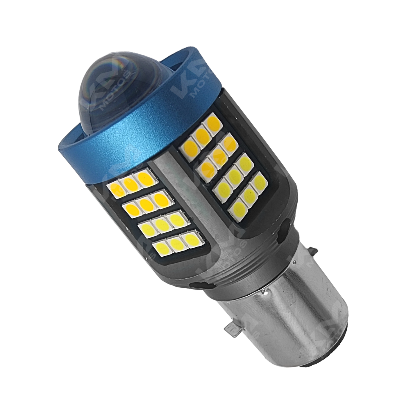 Luz LED de 5 lados blanca con flash para motocicleta KM Motos, visible en la imagen.