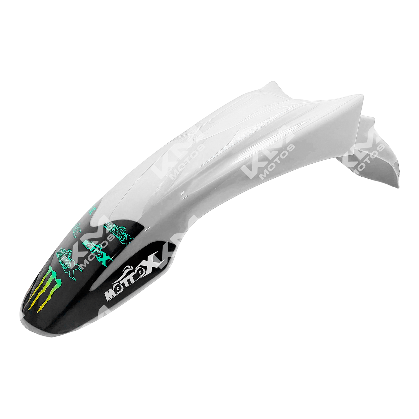 Guardafango blanco para motos KM Motos con stickers, compatible con GXT200, KMF200, XTZ125 y RTZ150, imagen con detalles visibles.
