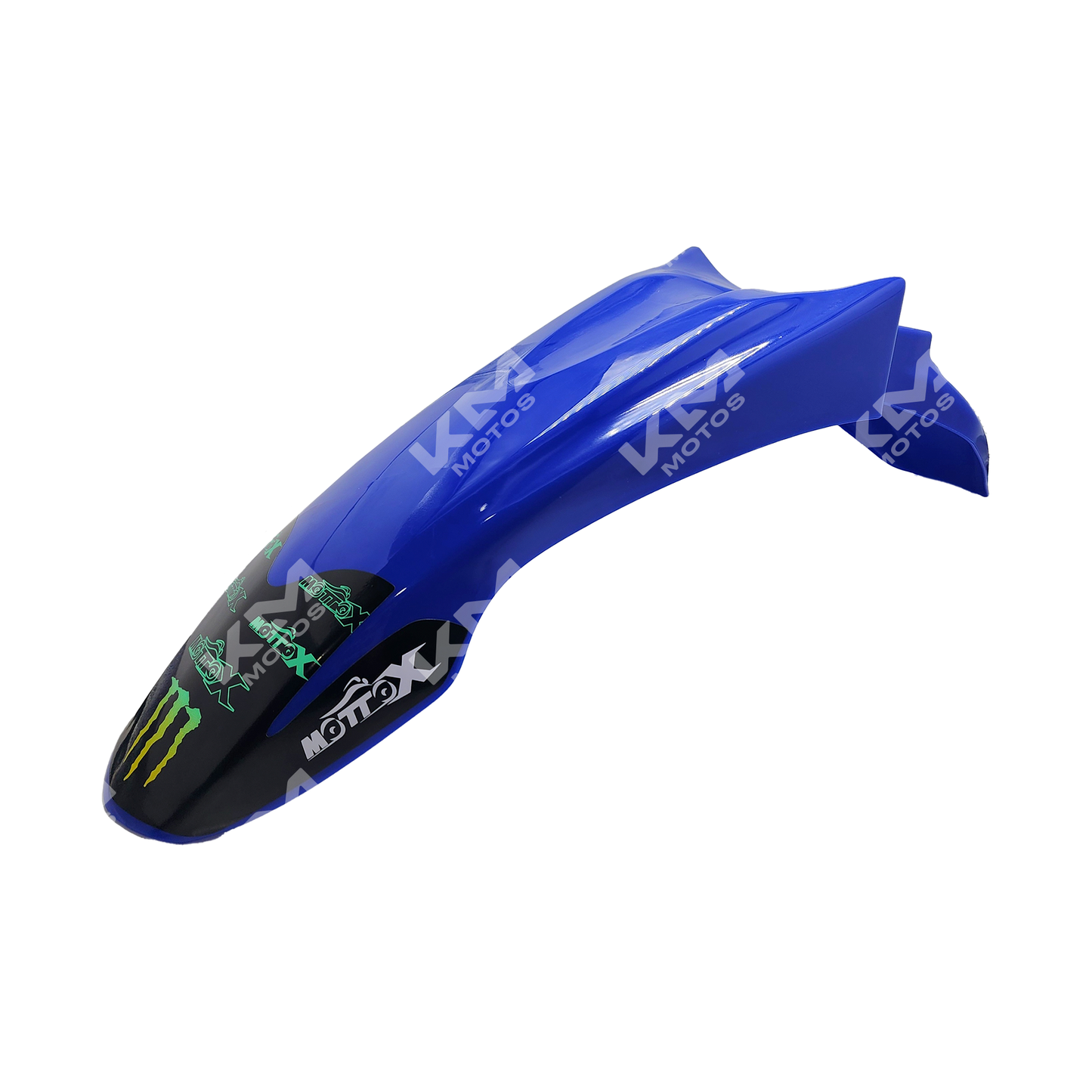 Guardafango azul para motos KM Motos GXT200, KMF200, XTZ125 y RTZ150 con stickers decorativos.