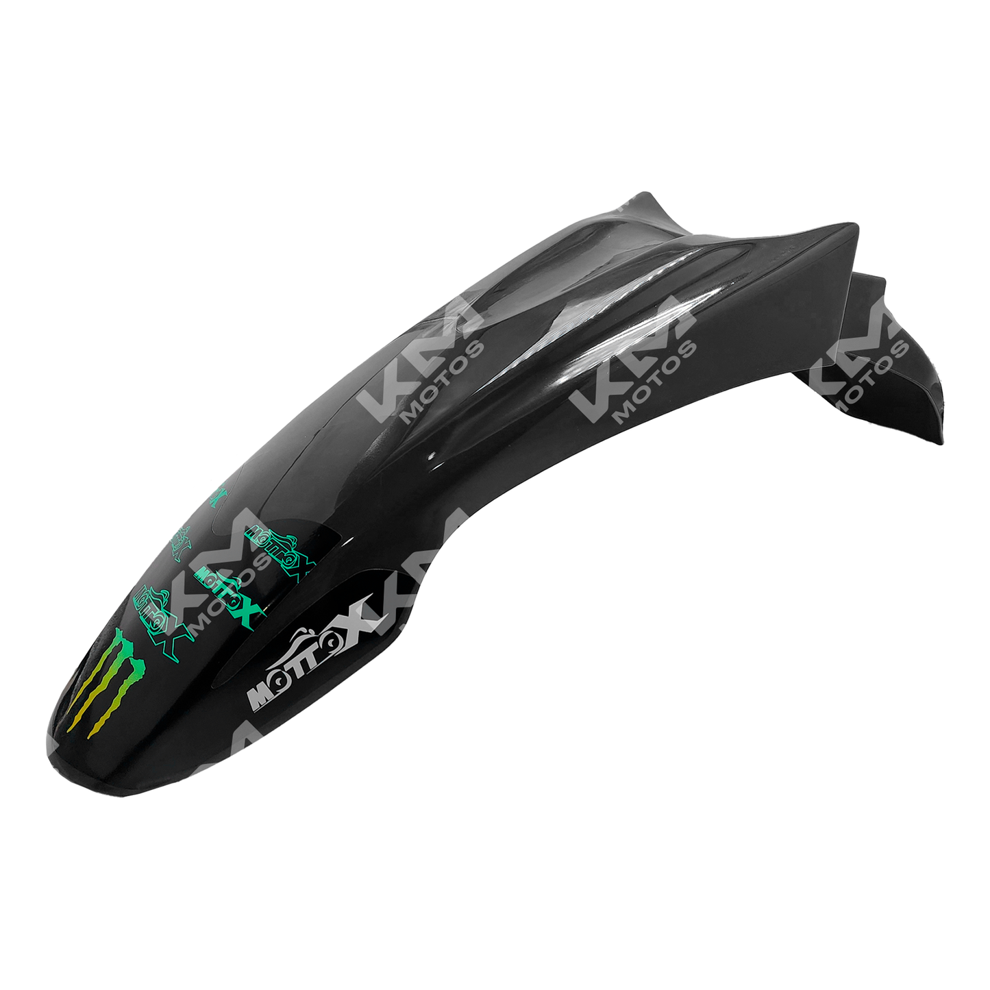 Guardafango negro con stickers para motos KM Motos GXT200, KMF200, XTZ125 y RTZ150, vista lateral con detalles de los stickers
