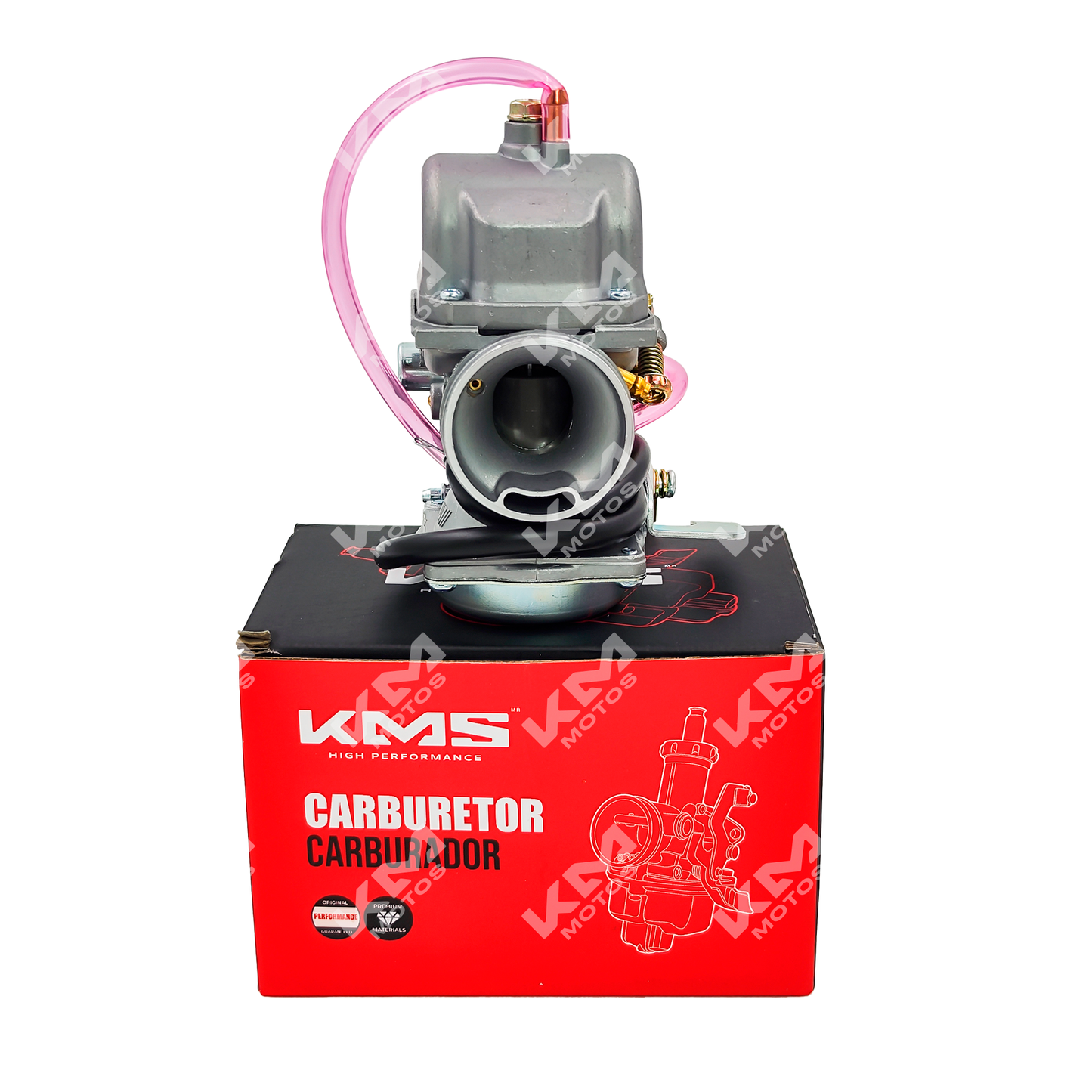 Carburador KMS para en125, componente de motocicleta, mostrando partes metálicas y conexiones en imagen clara.