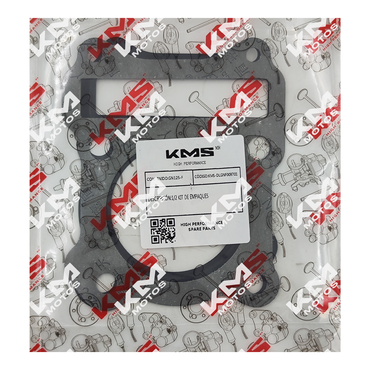 Kit de empaques KMS GN125-F, conjunto de sellos y juntas para motocicleta, en la imagen se muestran los componentes del kit.