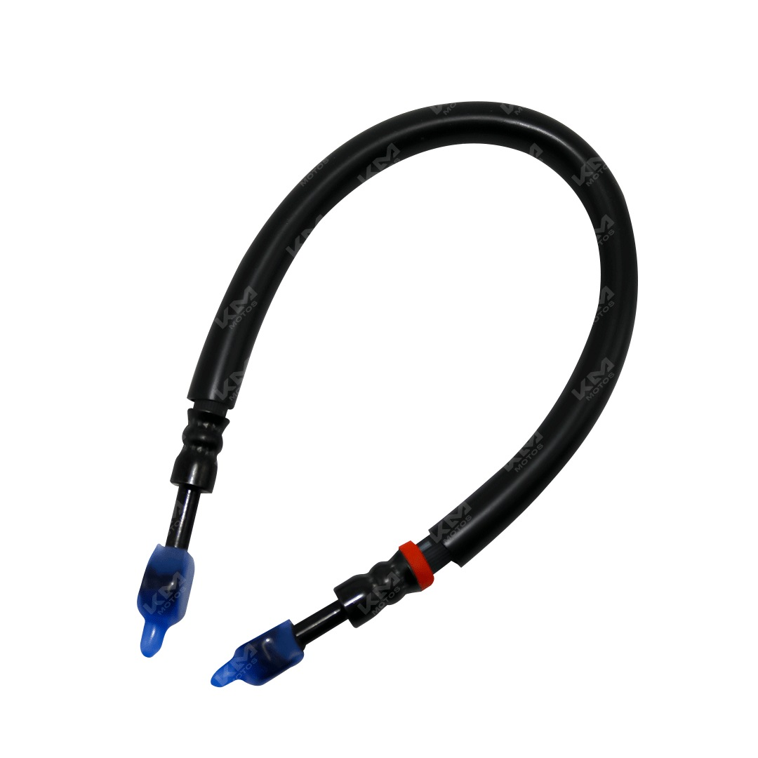 Manguera de freno trasera para NS200 de KM Motos, tubo de goma y conexiones metálicas, en color negro.