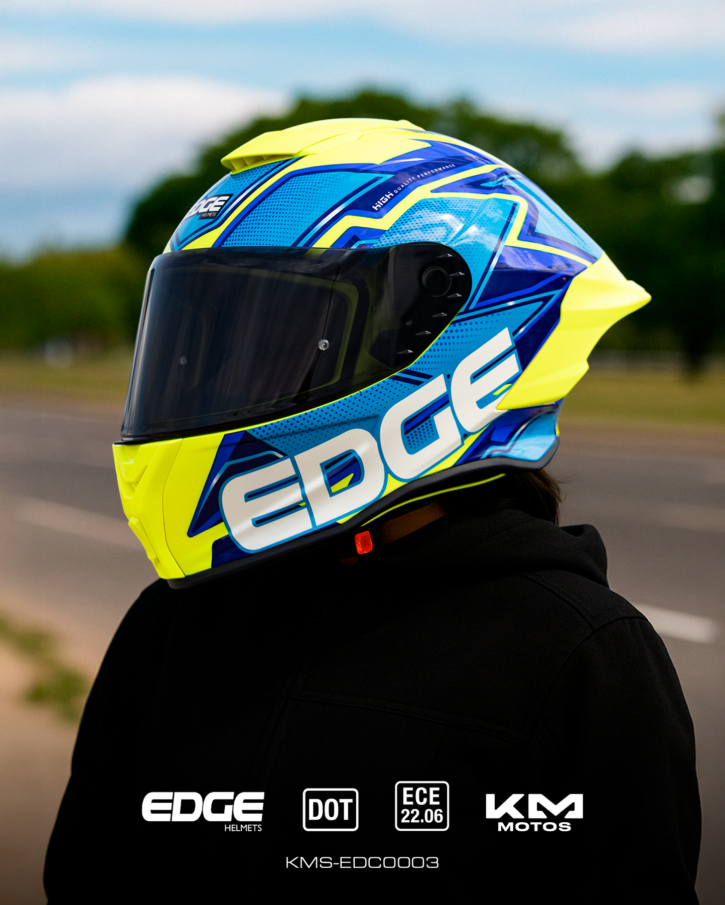 CASCO CERRADO QUARTZ/ AMARILLO AZUL NEON VIS/OSCURA EDGE TALLA "L"   DOT/ECE - KMMOTOSHN