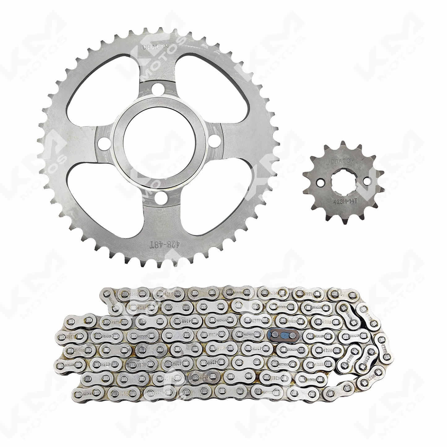 Kit de tracción para motos KM Motos, cadena 136L, bujes 48T/14T para FT150 y CG150, resistente y duradero.