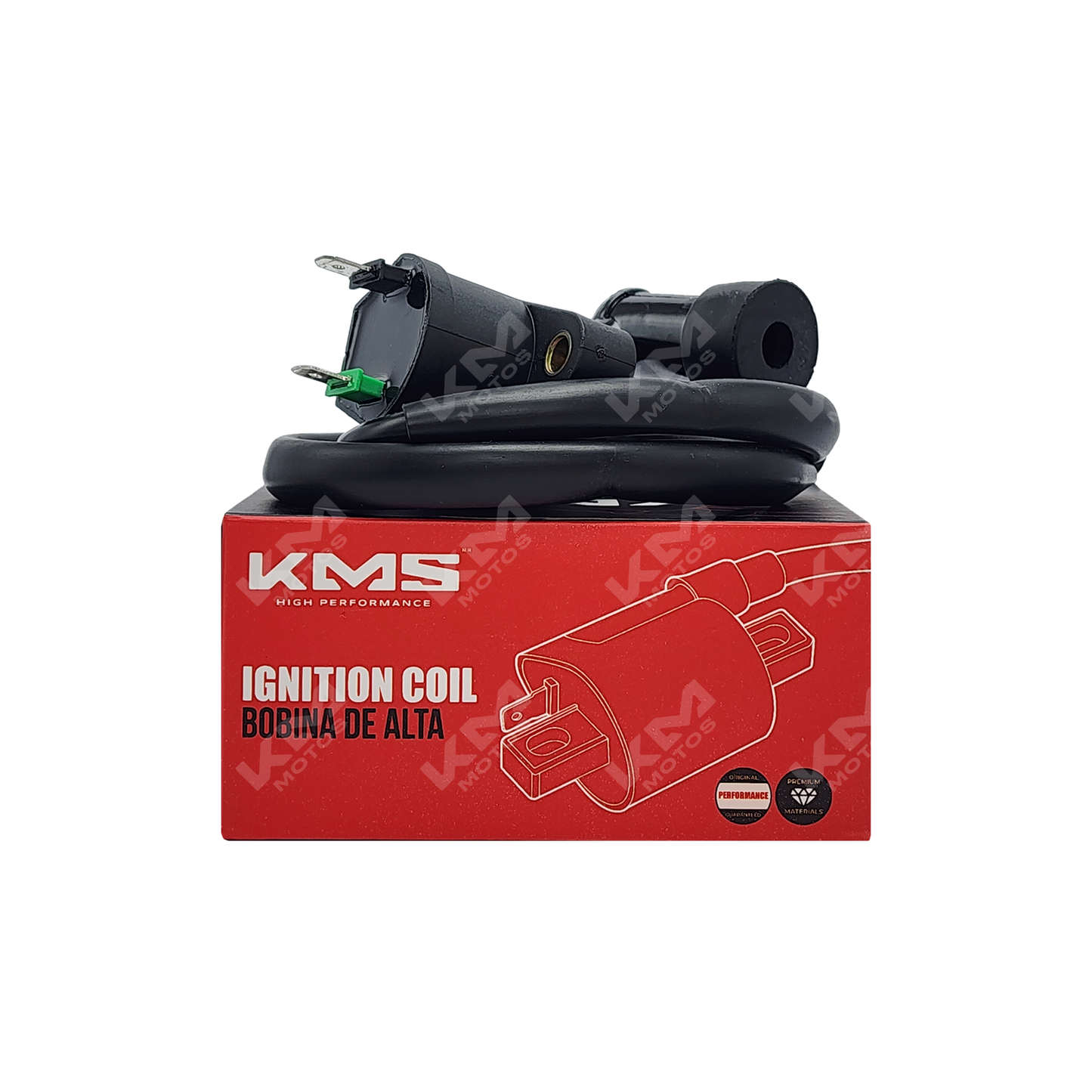 Bobina de alta tensión para motos KMS, compatible con HJ125-7/250Z y GY6-125/GY6-150, en la imagen.
