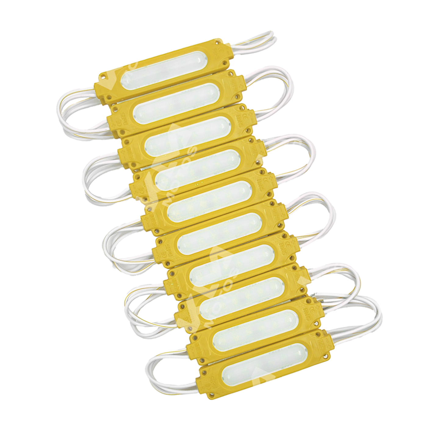 Modulos de gel de un punto amarillo KMS, envase con varios productos de color amarillo en un fondo neutro