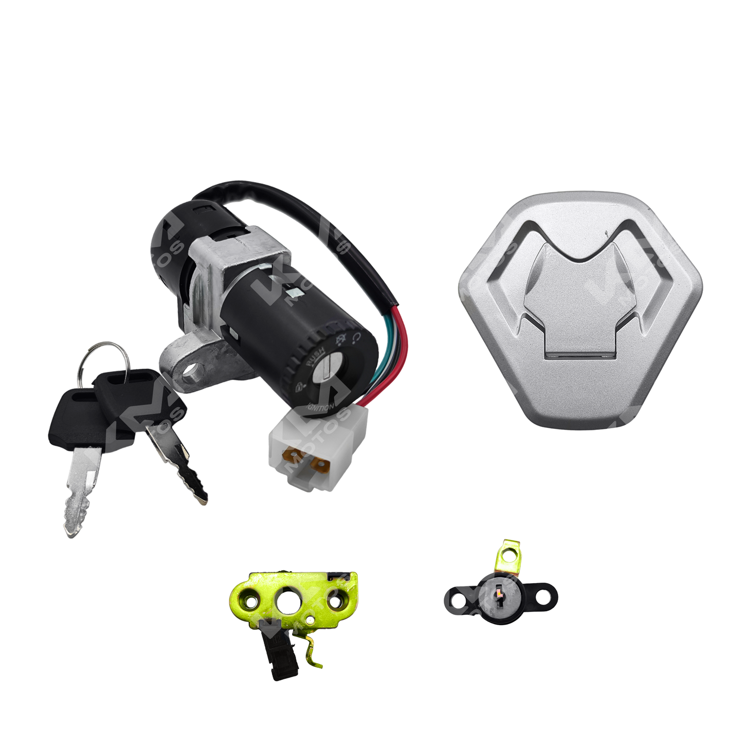 Cerradura KMF250R y GXT250R de KM Motos, kit con cerradura y componentes en la imagen sobre fondo blanco