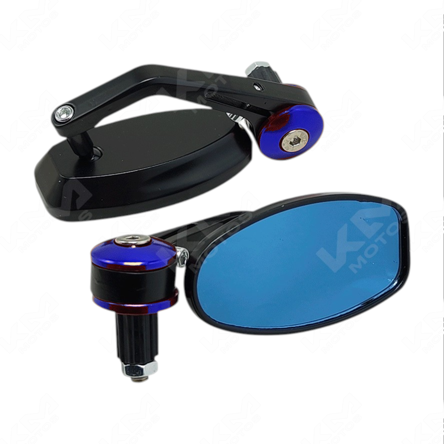 Set de retrovisores ovalados de contrapesa azul KM Motos, accesorios para motos, con acabado resistente y diseño clásico.