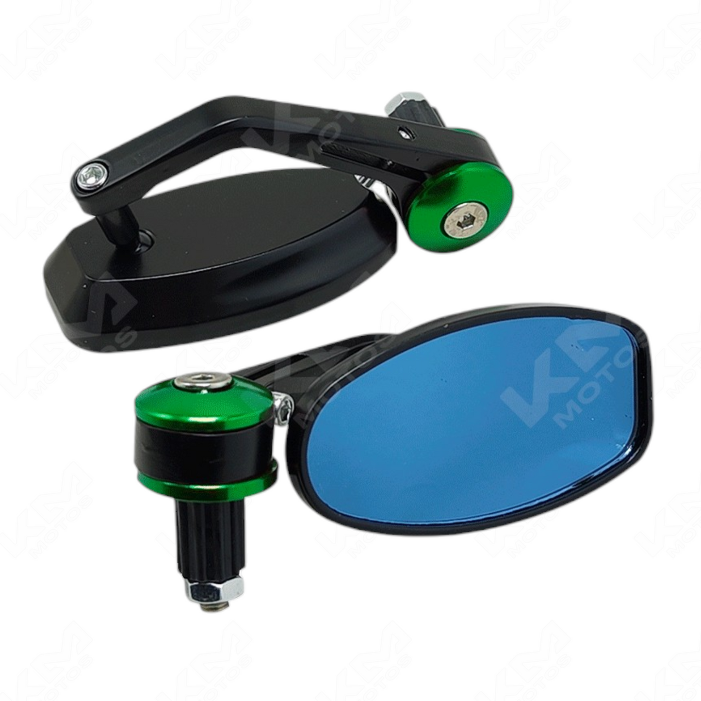 Conjunto de retrovisores ovalados de contrapesa verdes de la marca KM Motos para motocicleta, visibles en la imagen.