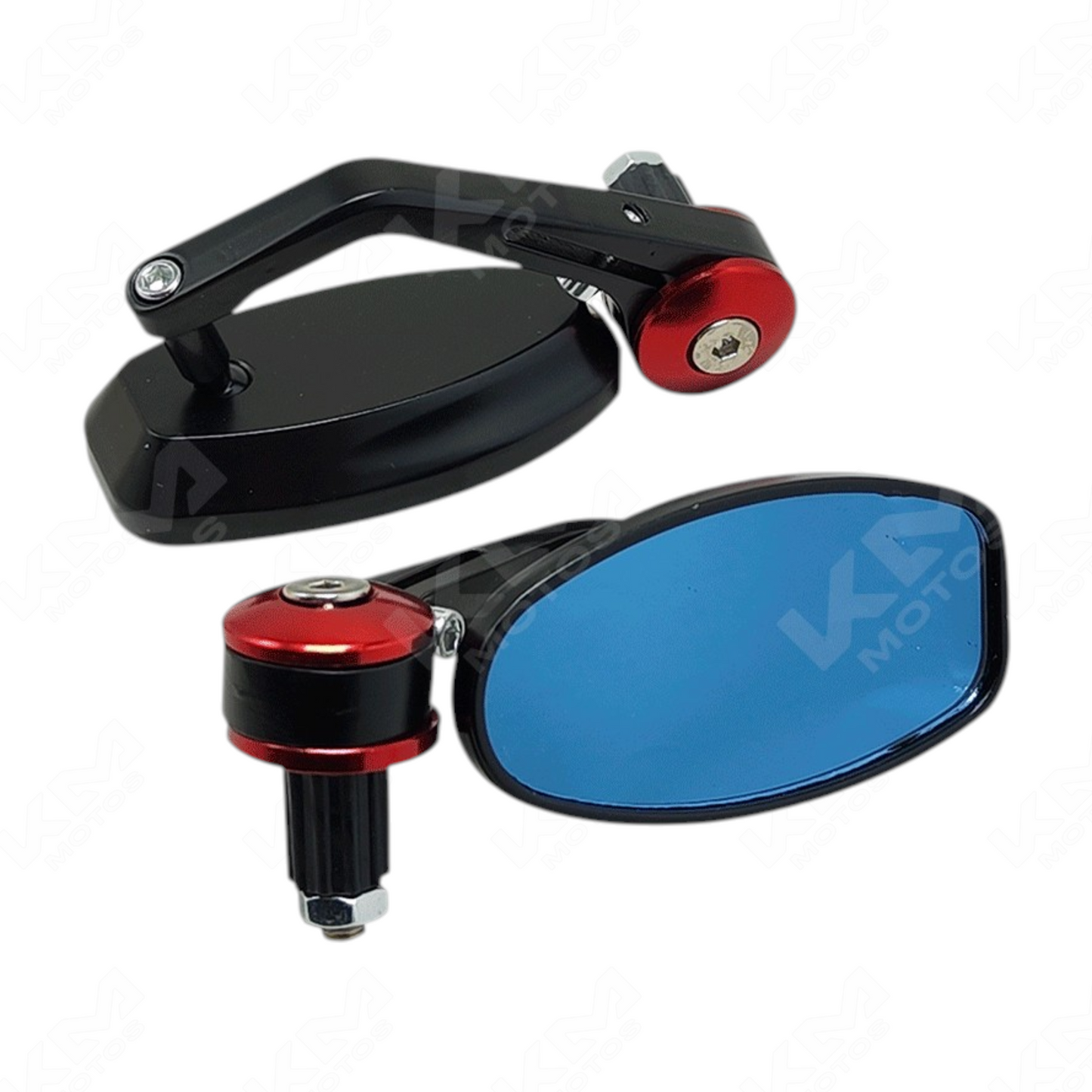 Conjunto de retrovisores ovalados de contrapesa rojo de KM Motos, perfectos para motocicletas.