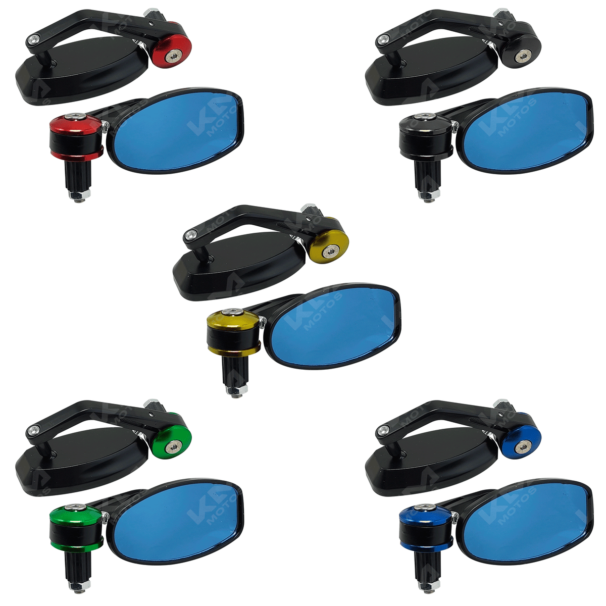 Conjunto de retrovisores ovalados de contrapesa KM Motos, accesorios para motocicleta, en color negro y diseño resistente.