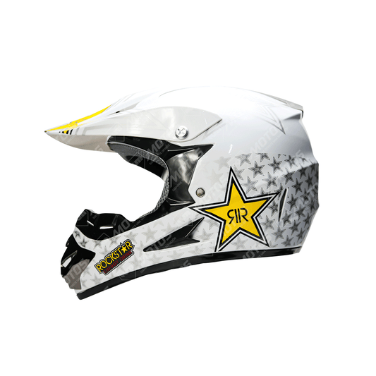 CASCO CROSS KMS + DISENO ROCKSTAR BLANCO/NEGRO DOT