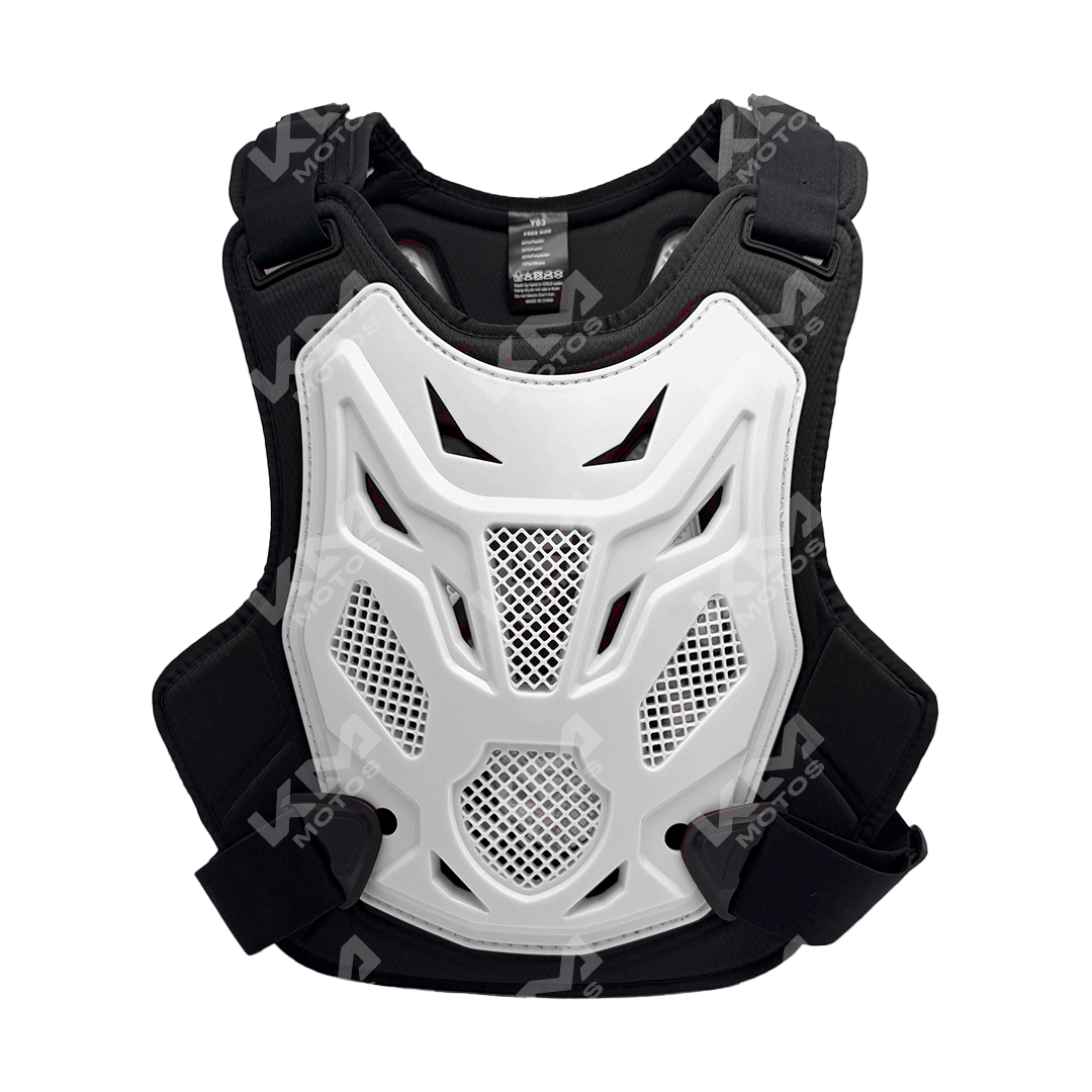 Chaleco protector de pecho para motocross KMS en color blanco, diseño anticaídas, material resistente y ajustable para mayor seguridad.