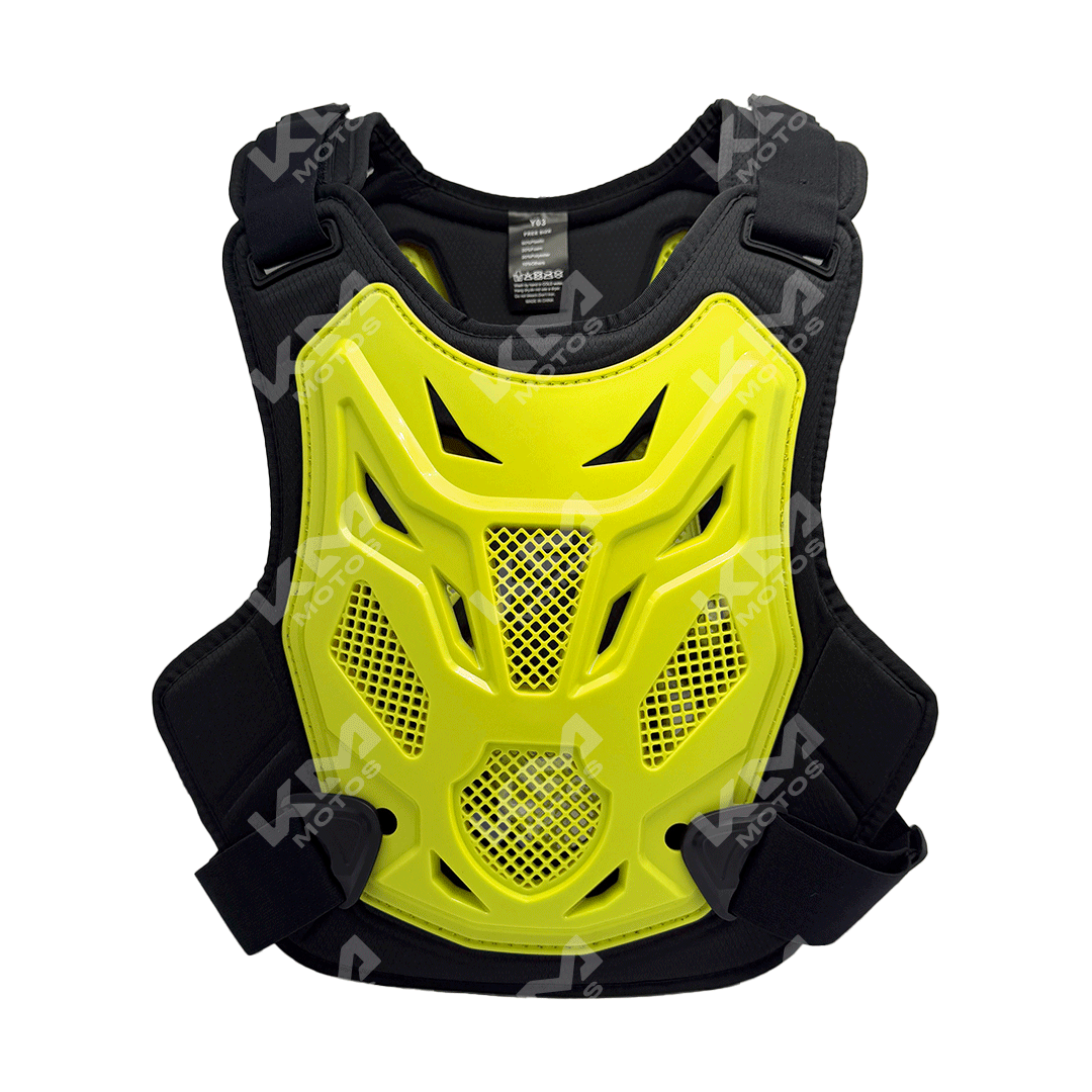 Chaleco protector de pecho para motocross KMS en color verde, protección anticaídas para motociclistas.