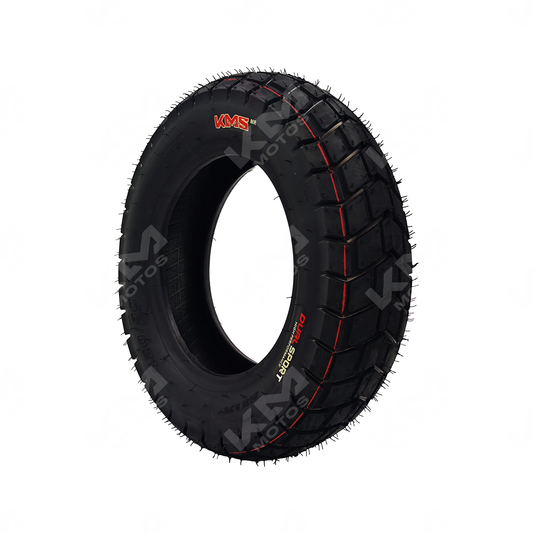 Llanta KMS 120/90-10 doble propósito para scooters y motonetas, neumático tubeless 8PR, ideal para uso dual sport.