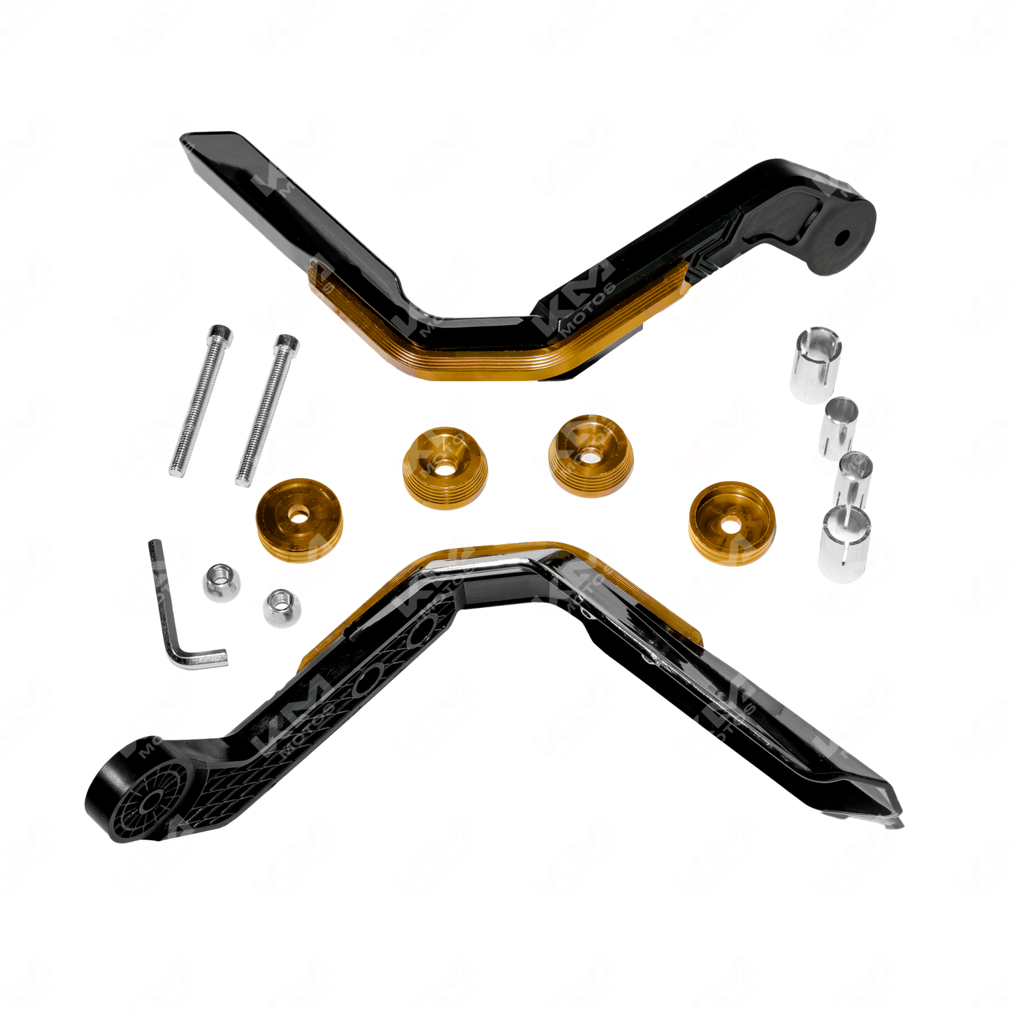 Protector de manecillas Racing Plus dorado de KM Motos, diseñado para protección de manecillas de motocicleta.
