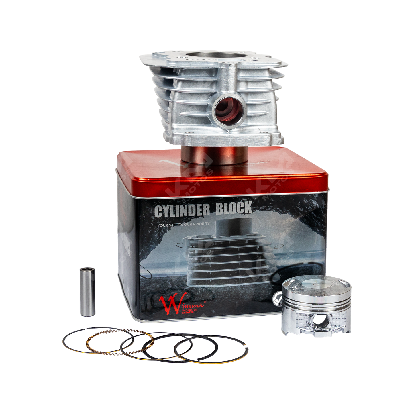 Cilindro WIMMA para NXR125, BROSS125, Montañesa, 125Z, imagen del kit de cilindro en color metálico con detalles técnicos