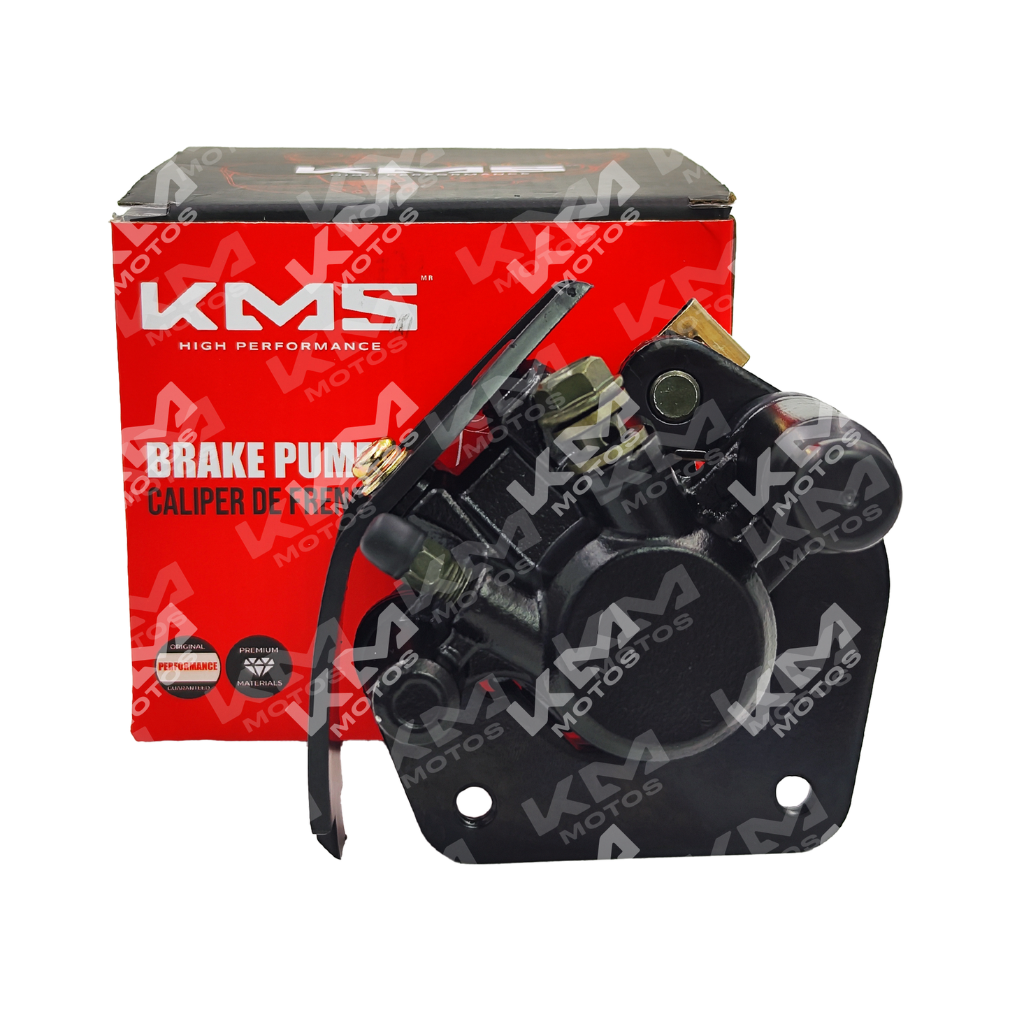 Caliper delantero KMS HJ125/GN125 de la marca Kms, componente de freno para motocicleta, en color negro con detalles metálicos.