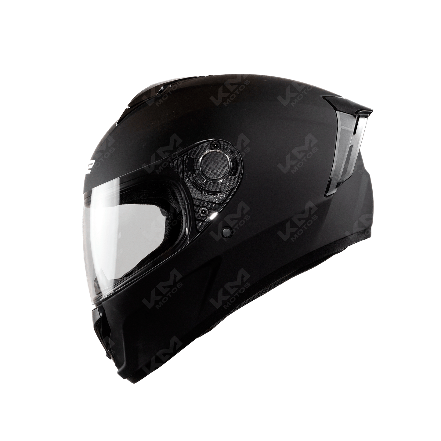 Casco integral negro mate KM Motos con diseño sólido, con visera y ventilación, para protección en motocicleta.