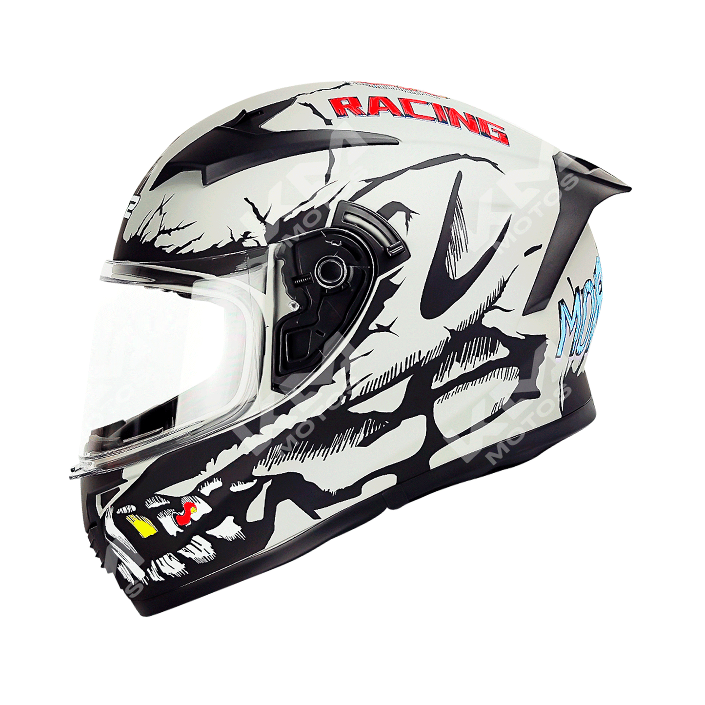 Casco cerrado negro y gris mate Skull Racing KM Motos, tamaño XL, con certificación DOT HS2, vista lateral del casco.