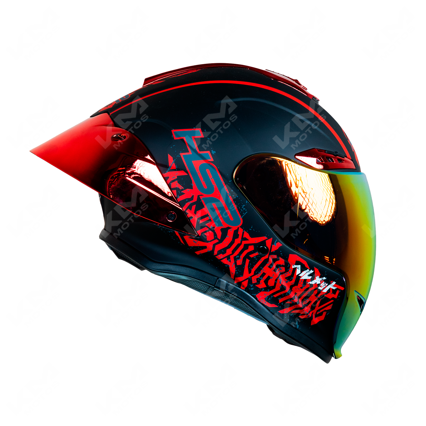 Casco integral cerrado HS2 color negro y rojo con visera dorada, modelo #3, tamaño XL, diseño de estilo samuray.