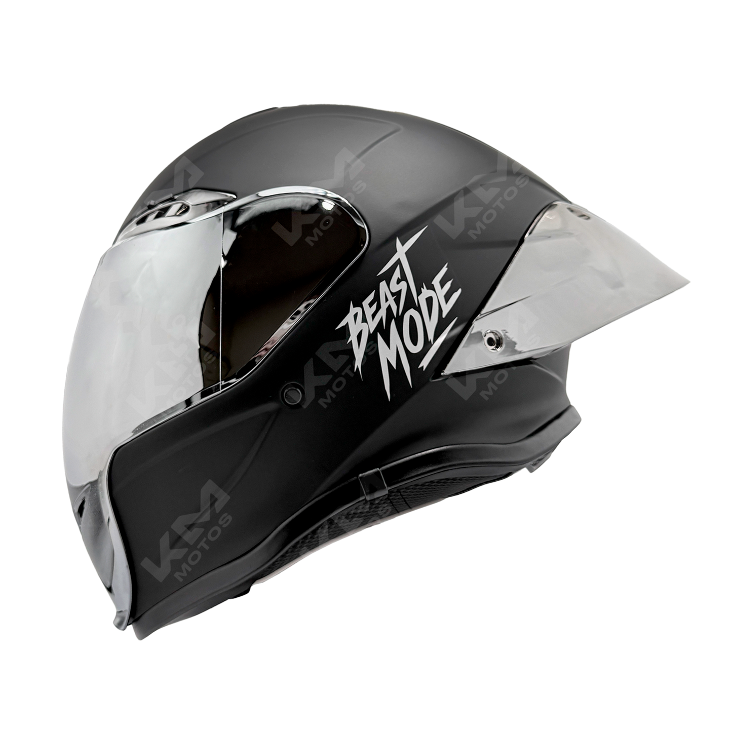 Casco integral de electroplate plateado KM Motos con visera cromada, diseño cerrado y protección para conducción segura.