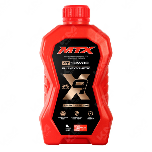 Aceite Moto 10W-30 Full Sintético MTX, 1 litro, para motocicletas, compatible con API SN y JASO MA2, envase en la imagen.