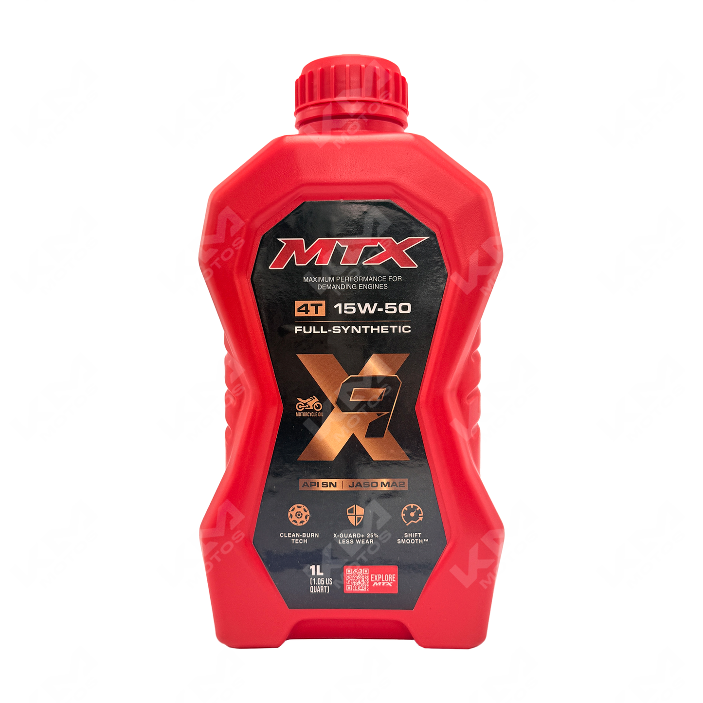 Aceite 15W50 sintético MTX en botella con etiqueta, viscosidad y marca visible, para motores de alto rendimiento.