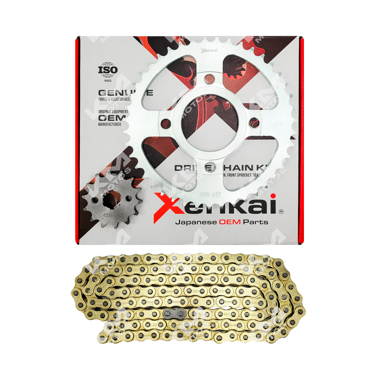 KIT DE TRACCION 43T/14T-428H FT150/RT150/CG150/KB150/GYA DE BUJES CADENA DORADA XENKAI