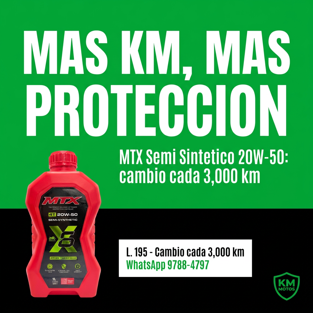 Aceite 20W50 semi sintético MTX, envase de 1 litro, con etiqueta y tapa de color negro y amarillo.