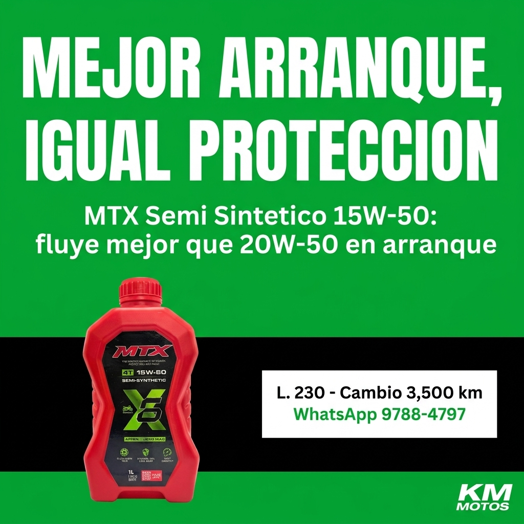 Aceite semi sintético 15W50 MTX para motor, envase con etiqueta visible y logotipo de la marca.