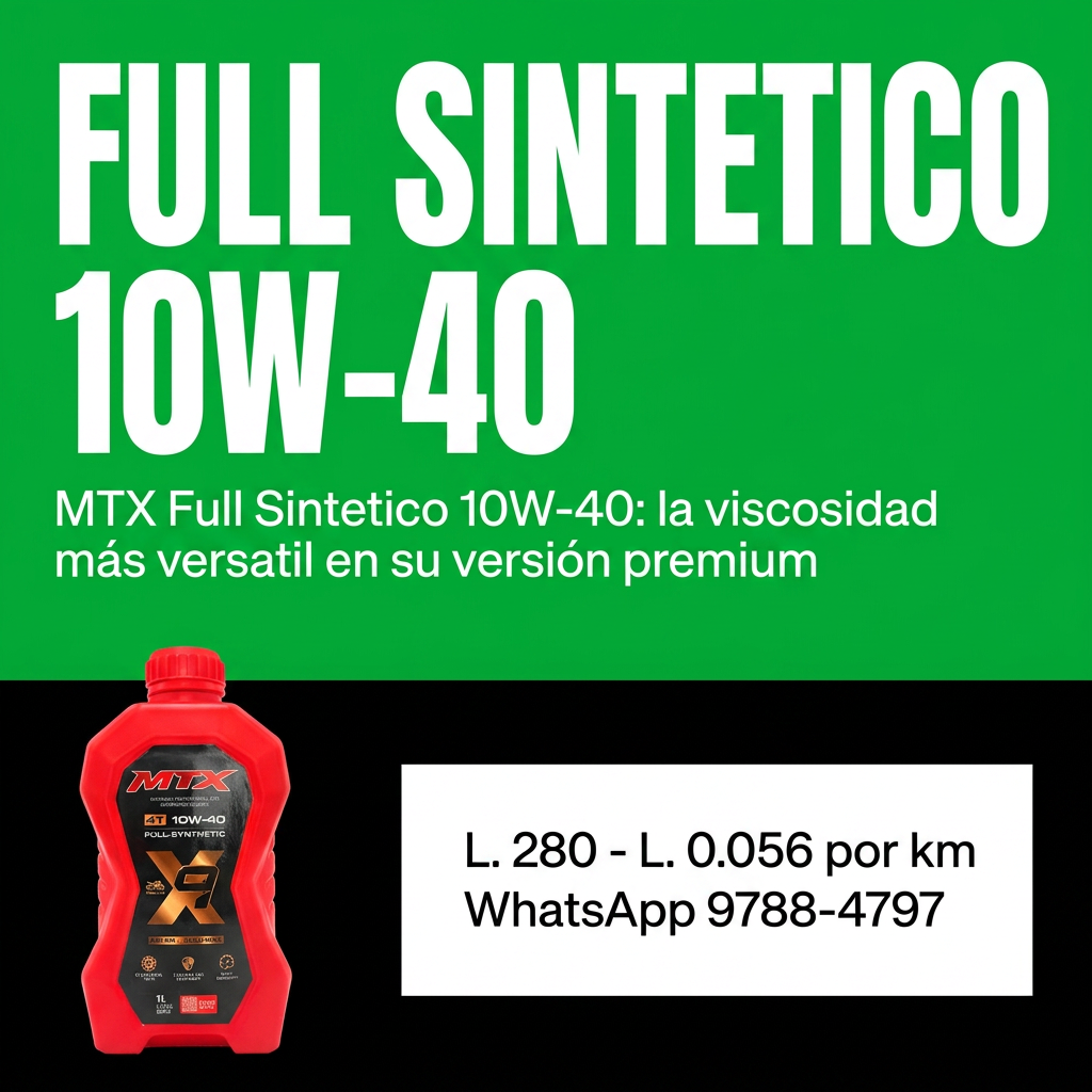 Aceite 10W40 full synthetic MTX en envase, lubricante de motor para vehículos, con etiqueta y tapa visible.