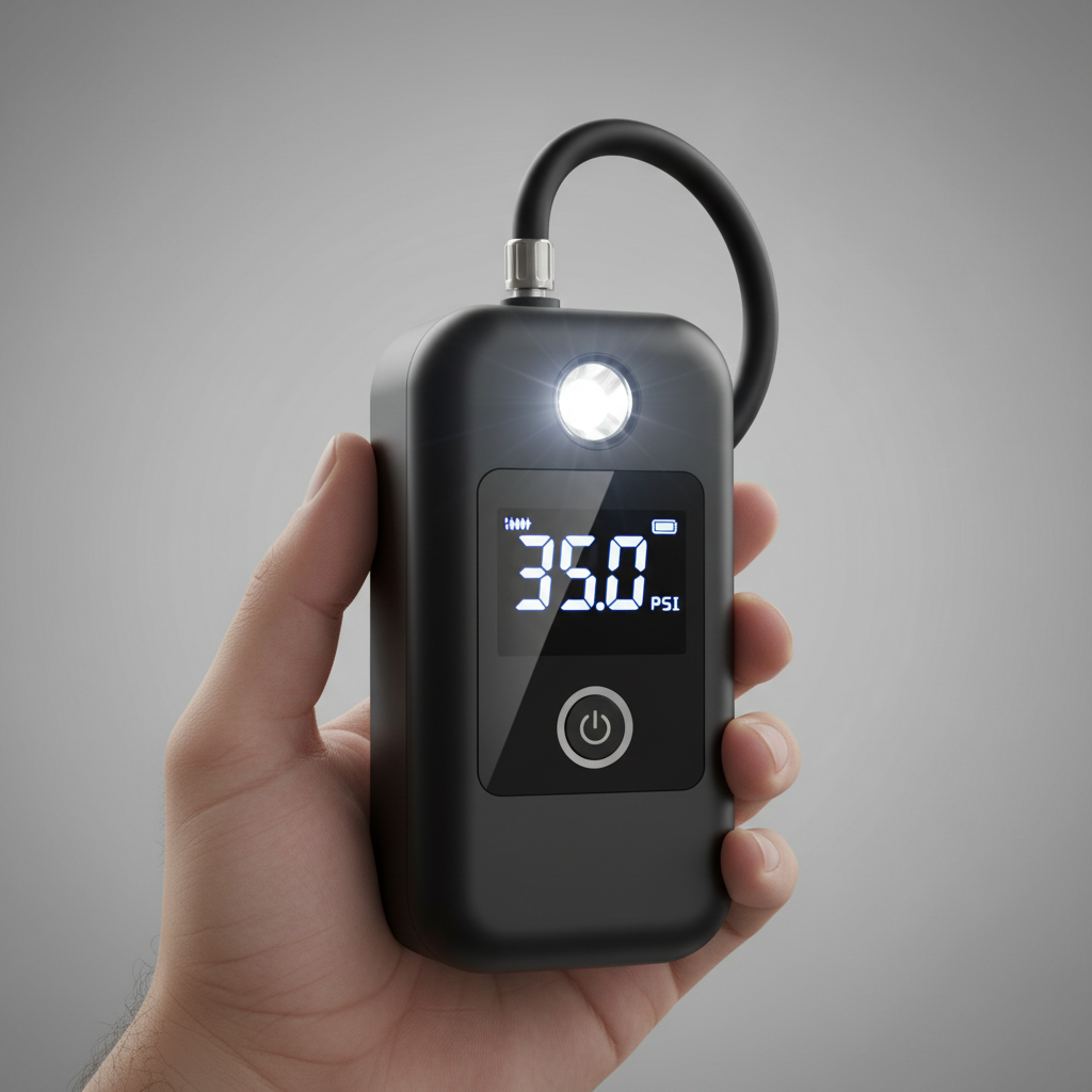 Bomba de inflar digital KM Motos con luces LED, compacta y portátil para inflar neumáticos y objetos rápidamente.