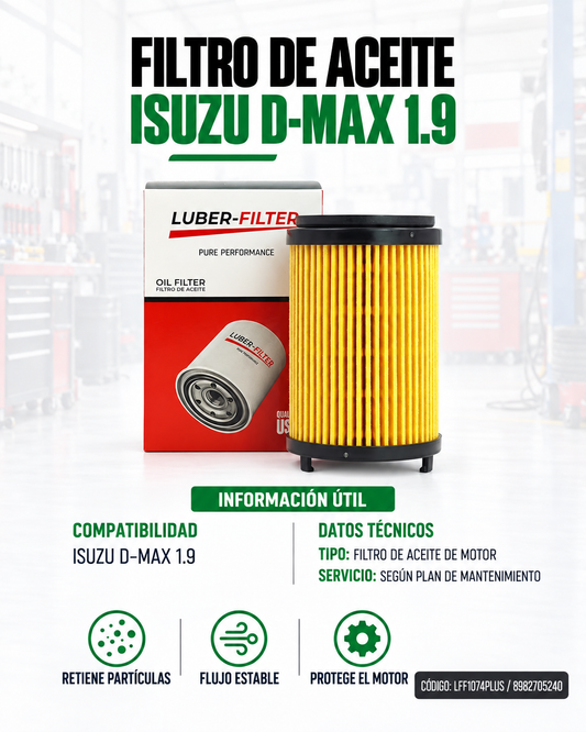 Filtro de aceite D Max 1.9 de KM Motos, componente de motor con diseño y estructura visible en la imagen.