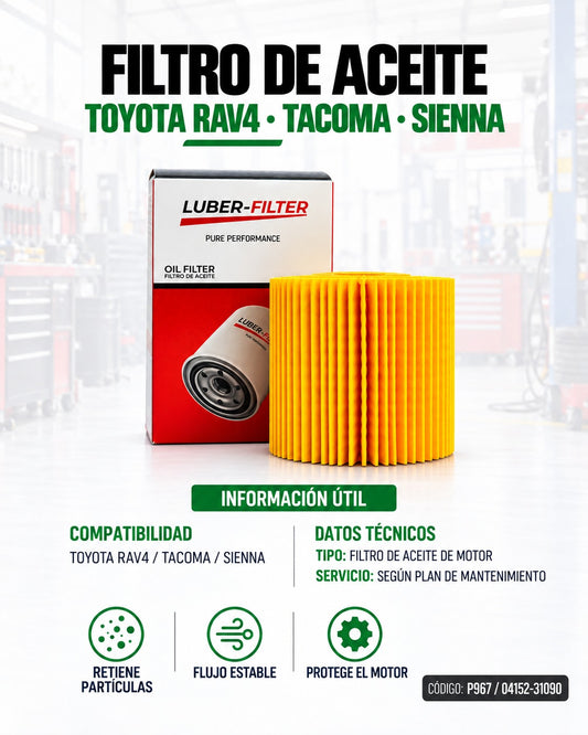 Filtro de aceite KM Motos para Toyota RAV4, Tacoma y Sienna, componente de motor y filtración de aceite.