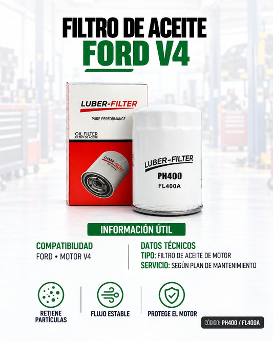 Filtro de aceite enroscable Ford V4 de KM Motos, muestra el filtro metálico y las roscas para instalación.