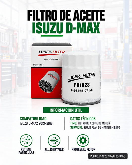 Filtro de aceite enroscable KM Motos para Isuzu D-Max 2013-2018, muestra el filtro de aceite en la imagen.