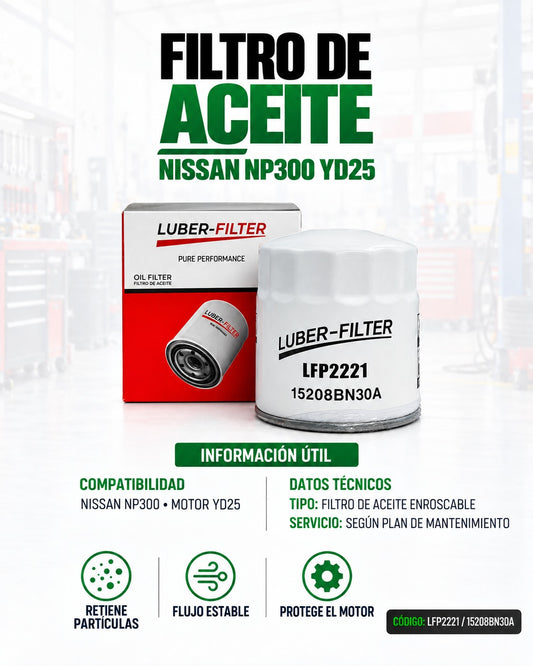 Filtro de aceite enroscable KM Motos para Nissan NP300 YD25, diseñado para filtrar el aceite del motor eficazmente.
