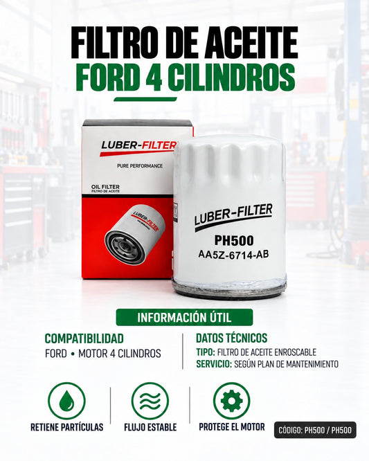 Filtro de aceite enroscable KM Motos para Ford 4 cilindros, visible en la imagen, muestra el filtro de aceite de tamaño compacto.