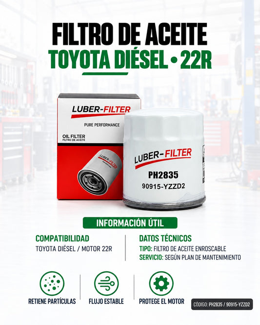 Filtro de aceite enroscable KM Motos para Toyota Diesel Y 22R, componente de motor en imagen.