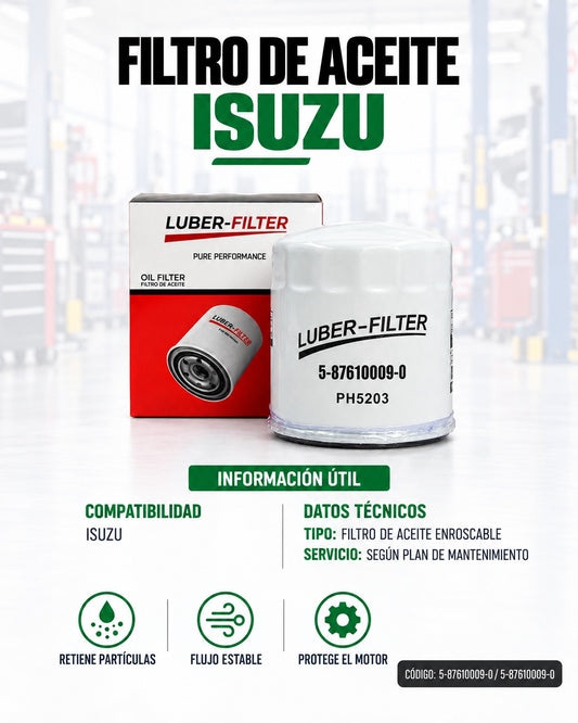 Filtro de aceite enroscable KM Motos para Isuzu, componente de motor, con cuerpo metálico y rosca para fácil instalación.