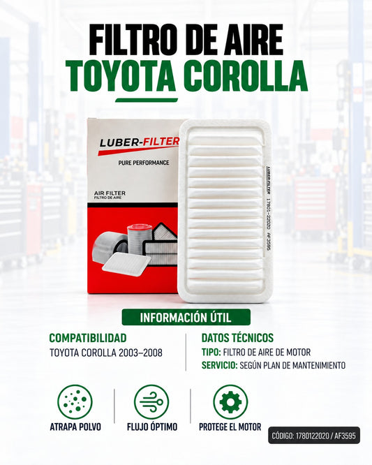 Filtro de aire KM Motos para Toyota Corolla 2003-2008, imagen mostrando el filtro de aire de tamaño y diseño específicos